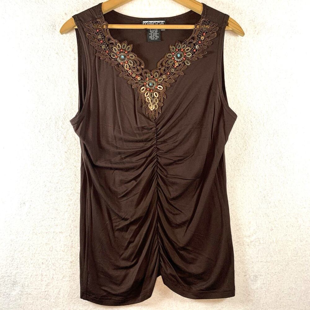 Womens Ruched Sleeveless Tunic Top Sz M Brown Boho Western Glam Festival Beaded